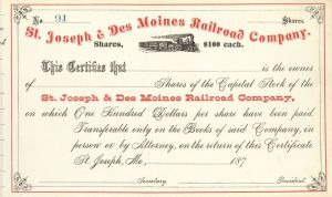 St. Joseph and Des Moines Railroad Co. -  Stock Certificate