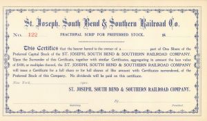 St. Joseph, South Bend and Southern Railroad Co. - Stock Certificate