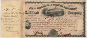 New Orleans and North Eastern Rail Road Co.  - 1880-1882 dated Louisiana Railway Stock Certificate - Close Margins - Very Rare Railroad Item