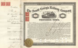 South Georgia Railway Co.  - 1923 dated Stock Certificate