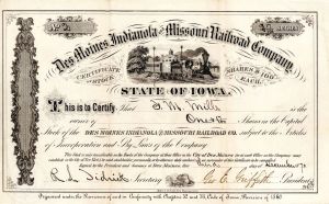 Des Moines Indianola and Missouri Railroad Co. -  1870 dated Stock Certificate