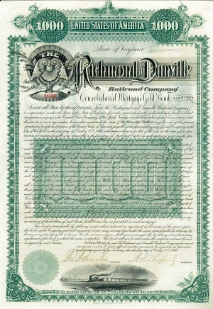 Richmond and Danville Railroad - 1886 dated Virginia Railway Bond (Uncanceled)