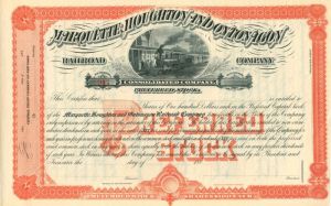 Marquette, Houghton and Ontonagon Railroad Co. - Stock Certificate