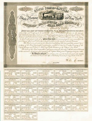 Rutland and Washington Rail Road Co. $1,000 7% Bond signed by Erastus Corning - Railway Stock Certificate