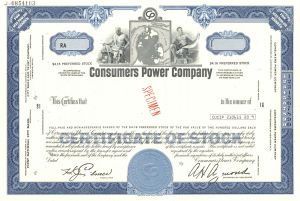 Consumers Power Co. - Specimen Stock Certificate - Great History