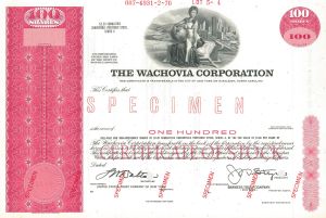 Wachovia Corp. - Acquired by Wells Fargo - Specimen Stock Certificate - Raleigh, North Carolina