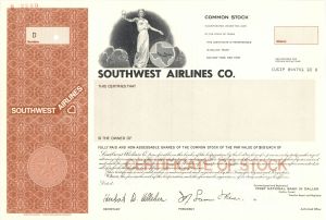 Southwest Airlines Co. - 1977 dated Specimen Stock Certificate