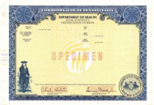 Department of Health Vital Statistics Certificate of Birth - Specimen