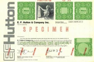 E.F. Hutton and Co. Inc. - Specimen Stock Certificate - Famous Brokerage Firm