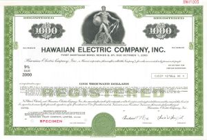 Hawaiian Electric Co., Inc. - $1,000 Green Specimen Bond - Very Rare State
