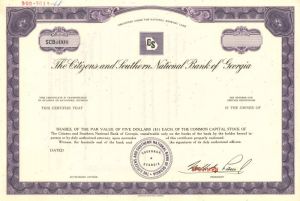 Citizens and Southern National Bank of Georgia - Stock Certificate