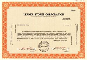 Lerner Stores Corporation - Stock Certificate