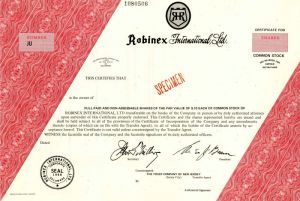 Robinex International, Ltd. - Stock Certificate