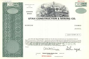 Utah Construction and Mining Co. - 1956 Specimen Stock Certificate