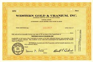 Western Gold and Uranium, Inc. - Specimen Stock Certificate