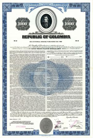 Republic of Colombia - $1,000 Specimen Bond