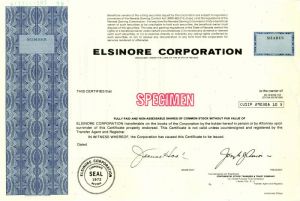 Elsinore Corporation - Specimen Stock Certificate