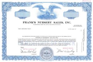 Frank's Nursery Sales, Inc. - Specimen Stock Certificate