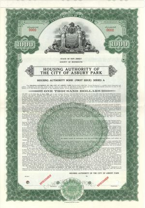 Housing Authority of the City of Asbury Park - 1940 dated $1,000 Specimen Bond