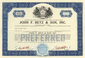 John F. Betz and Son, Inc. - Brewery Specimen Stock Certifcate