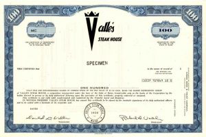 Valle's Steak House - Specimen Stock Certificate