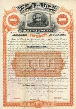 Southern Kansas Railway Co. - $1,000 Specimen Bond