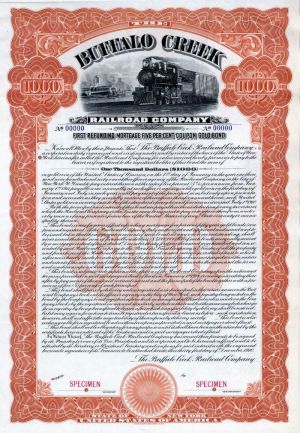 Buffalo Creek Railroad Co. - 1910 dated $1,000 Railway Specimen Bond