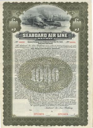 Seaboard Air Line Railway - 1907 dated $1,000 Specimen Railroad Bond