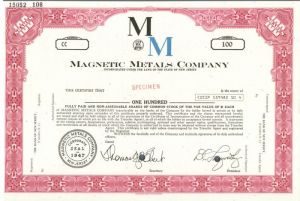 Magnetic Metals Co. - Specimen Stock Certificate
