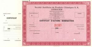 Societe Antillaise de Produits Chimiques S.A. - Specimen Stock Certificate