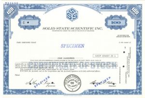 Solid State Scientific Inc. - Specimen Stock Certificate