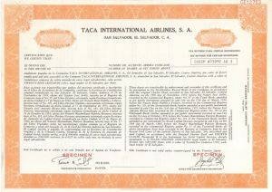 Taca International Airlines, S.A. - TACA - San Salvador, El Salvador - Specimen Stock Certificate