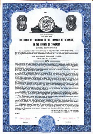 Board of Education of the Township of Bernards, in the County of Somerset - $1,000 Specimen Bond