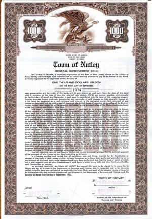 Town of Nutley, New Jersey - $1,000 Specimen Bond