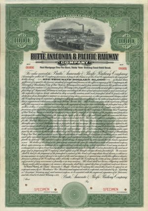 Butte, Anaconda and Pacific Railway Co. - 1914 dated $1,000 Specimen Bond