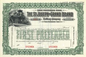 St. Joseph and Grand Island Railway Co. - circa 1900's Railroad Specimen Stock Certificate