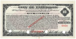 City of Paterson Specimen Tax Note - Specimen Tax Anticipation Note of 1933 - Rust Stain at Bottom Edge
