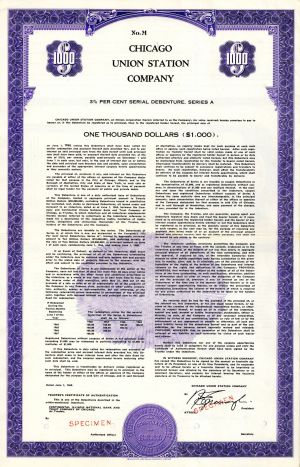 Chicago Union Station Co. - $1,000 Railroad Specimen Bond