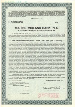 Marine Midland Bank, N.A. - $10,000 - Specimen Stocks and Bonds