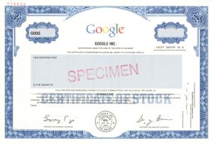 Google Inc. Specimen Stock - Larry Page and Sergey Brin Printed Signatures - 2002 dated Specimen Stock Certificate - Extremely Rare and Sought After