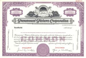 Paramount Pictures Corp. - American Film Production & Distribution Co. Specimen Stock Certificate