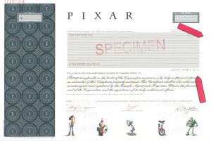 PIXAR - Steve Jobs Signature Printed - Large Water Stain at Bottom of Certificate - 1995 dated Specimen Stock Certificate - Depicts Woody, Buzz Lightyear, Red the Unicycle, Tinny & Luxo Jr. - Extremely Rare