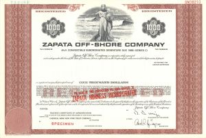 Zapata Off-Shore Co. - 1960's dated $1,000 Specimen Bond - Changed Name to Zapata Norness Inc.