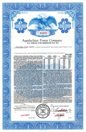 Appalachian Power Co. - 1962 Specimen Bond