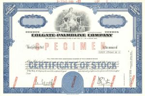 Colgate-Palmolive Co. - circa 1970's Specimen Stock Certificate - Only Olive Color is Left