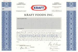Kraft Foods Inc. - dated 2001 Specimen Stock Certificate - Cadbury, Jacobs, Kraft, LU, Maxwell House, Milka, Nabisco, Oreo, Oscar Mayer, Philadelphia, Trident, and Tang - American Food Manufacturing and Processing Conglomerate