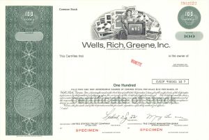 Wells, Rich, Greene, Inc. - 1966 Specimen Stock Certificate