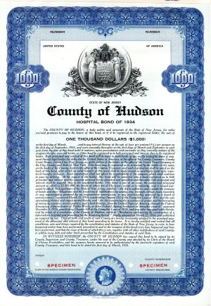 County of Hudson - $1,000 Specimen Bond