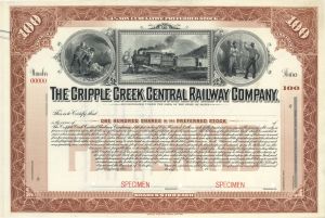 Cripple Creek Central Railway Co. - 1900's Specimen Stock Certificate