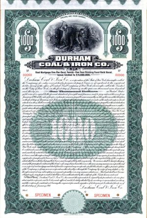 Durham Coal and Iron Co. - $1,000 North Carolina Specimen Bond